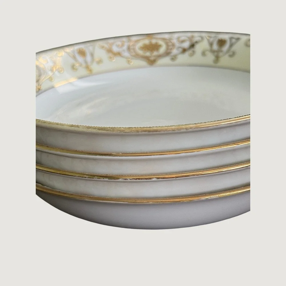 Four Vintage Noritake Christmas Ball 175 Gold Scroll Floral 7.5